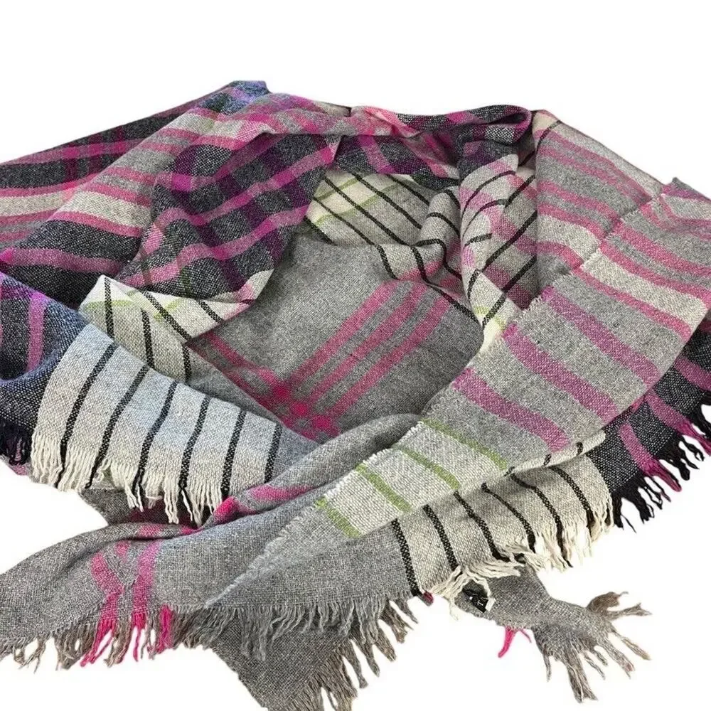 Talbots Womens Gray Pink Green Plaid Wool Fringe Scarf Wrap Warm Winter 54x58